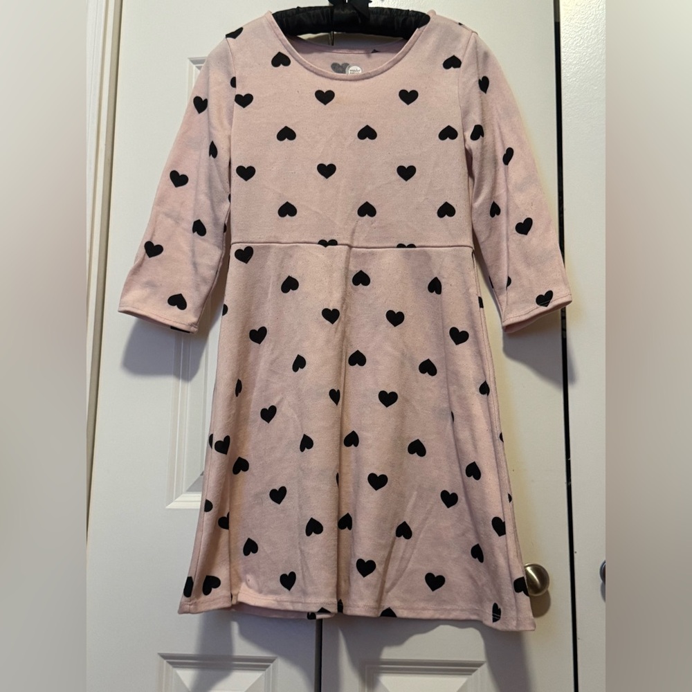 Wonder Nation Girls L/G 10-12 Light Pink Black Heart Long Sleeve A-Line Dress